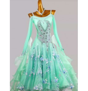 Customized size mint flowers competition ballroom dance dresses for women girls waltz tango foxtrot smooth rhythm dancing long gown